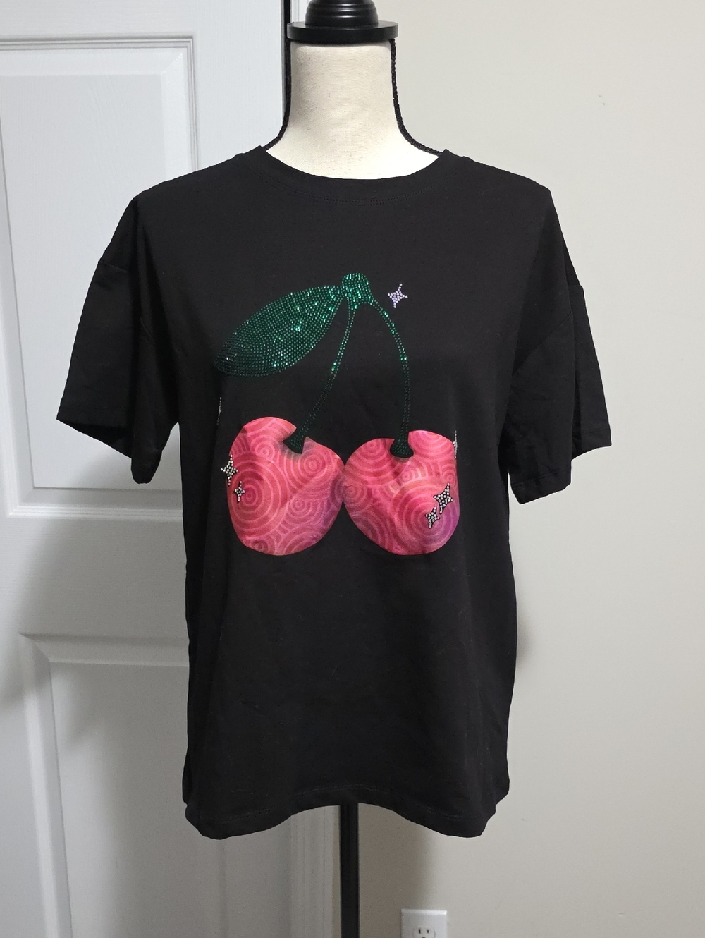 In2you Cherry Pop Rhinestone Stud Embellished Graphic Tee Shirt, Top S/M